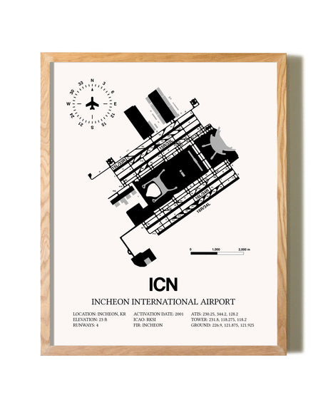 Incheon International Airport framed print in natural wood frame