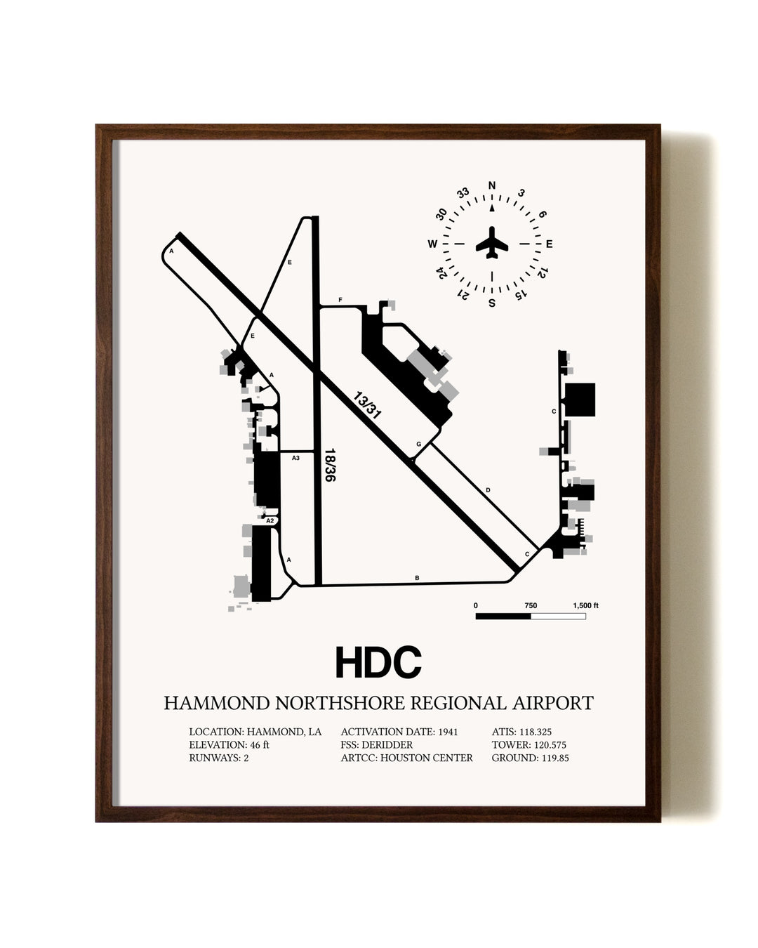 Hammond Northshore Regional Airport aviation print in walnut frame