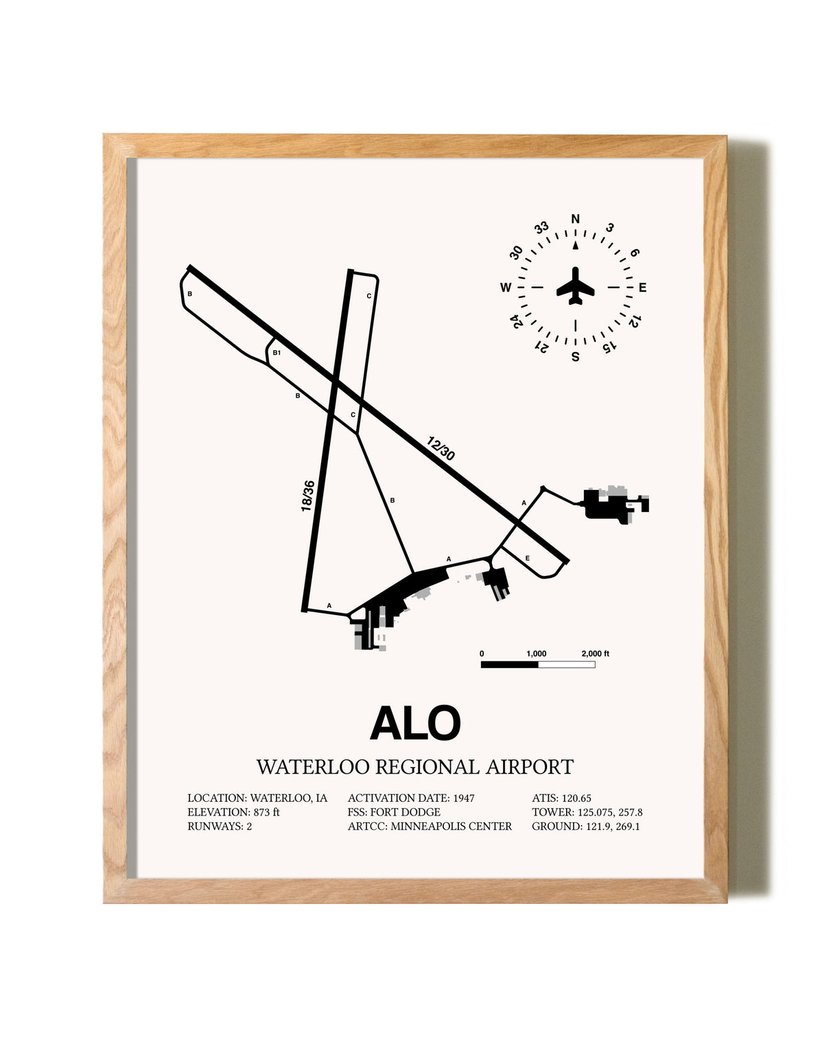 Waterloo Regional Airport framed print in natural wood frame