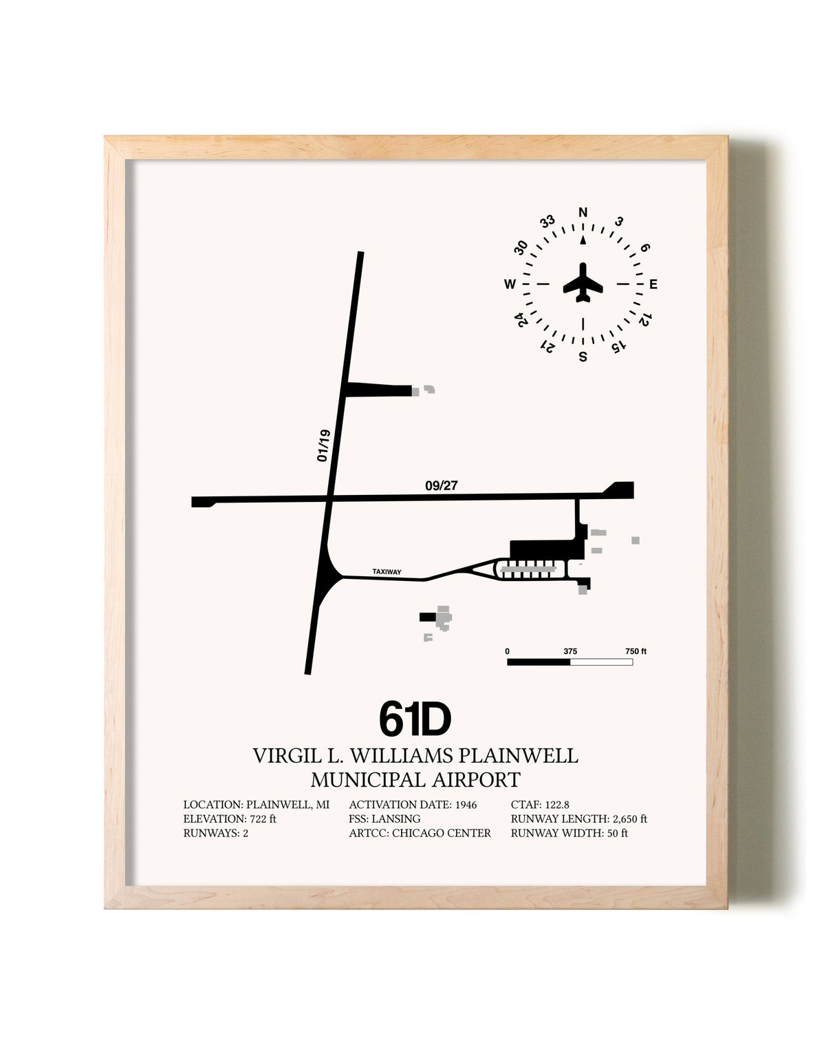 Virgil L. Williams Plainwell Municipal Airport framed wall art in white frame