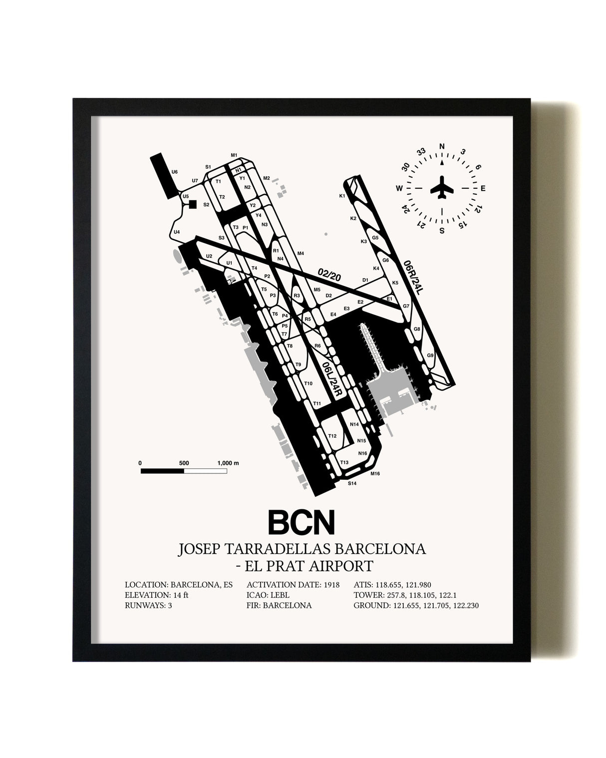 Framed Josep Tarradellas Barcelona-El Prat Airport wall art poster in black frame