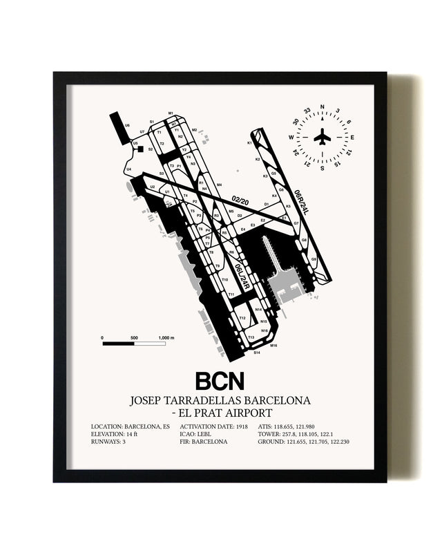 Framed Josep Tarradellas Barcelona-El Prat Airport wall art poster in black frame