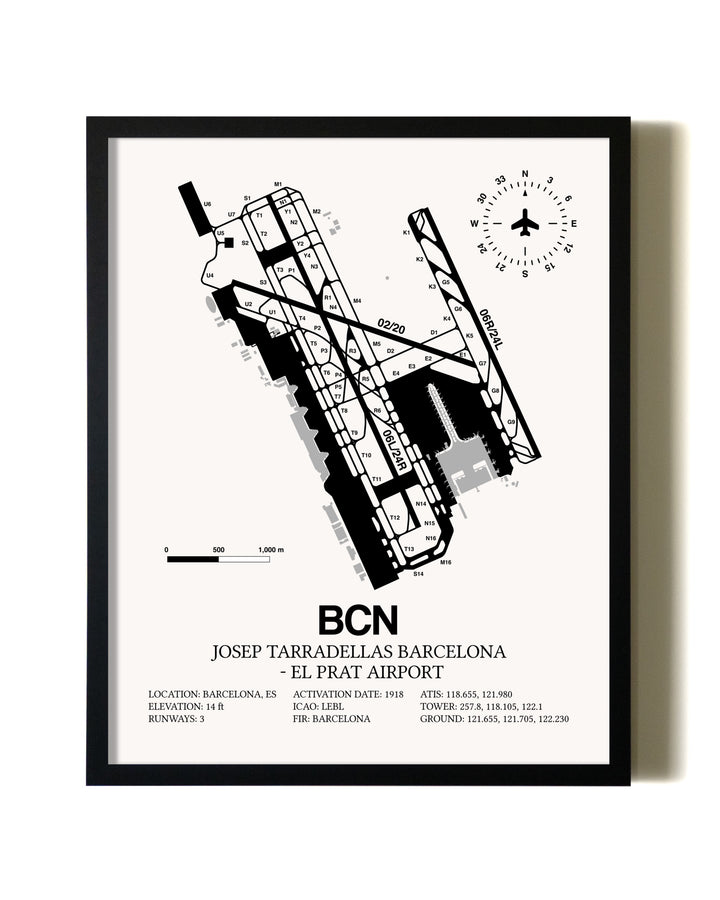 Framed Josep Tarradellas Barcelona-El Prat Airport wall art poster in black frame