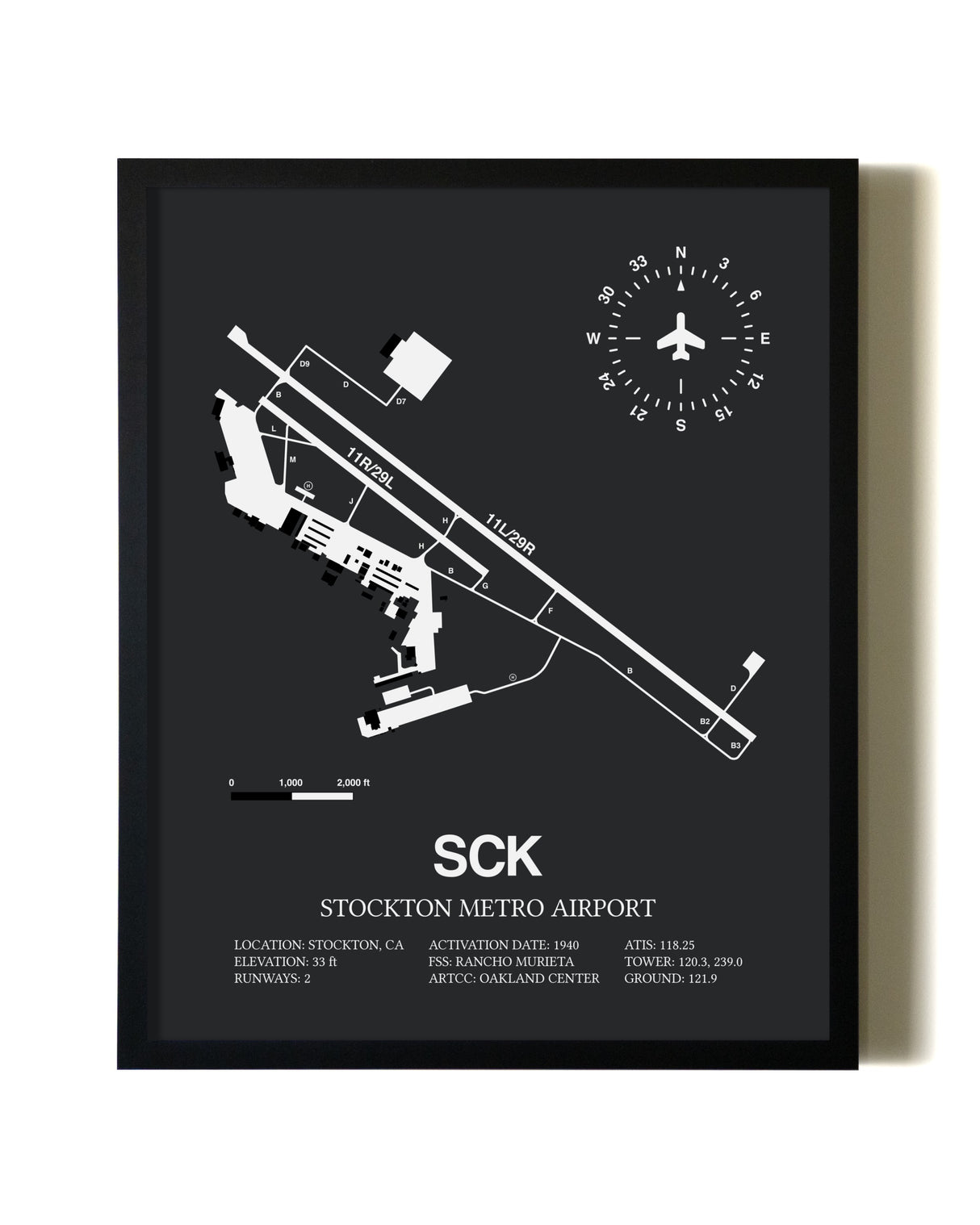 Unframed Stockton Metro Airport map print poster