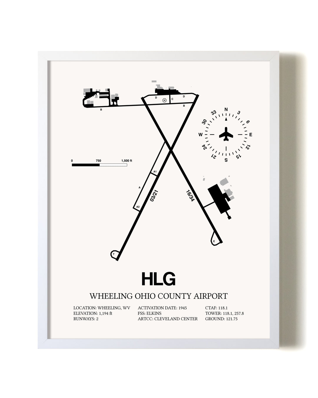 Wheeling Ohio County Airport airport map poster in oak frame