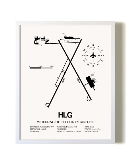 Wheeling Ohio County Airport airport map poster in oak frame