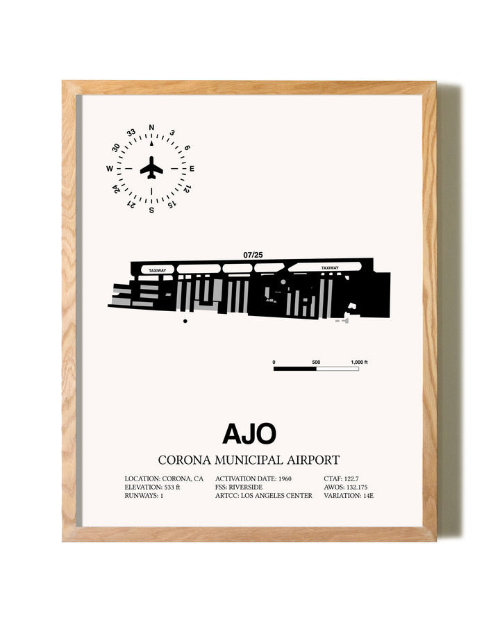 Corona Municipal Airport framed print in natural wood frame