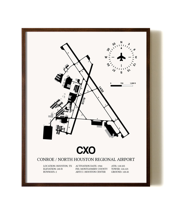 Conroe / North Houston Regional Airport aviation print in walnut frame