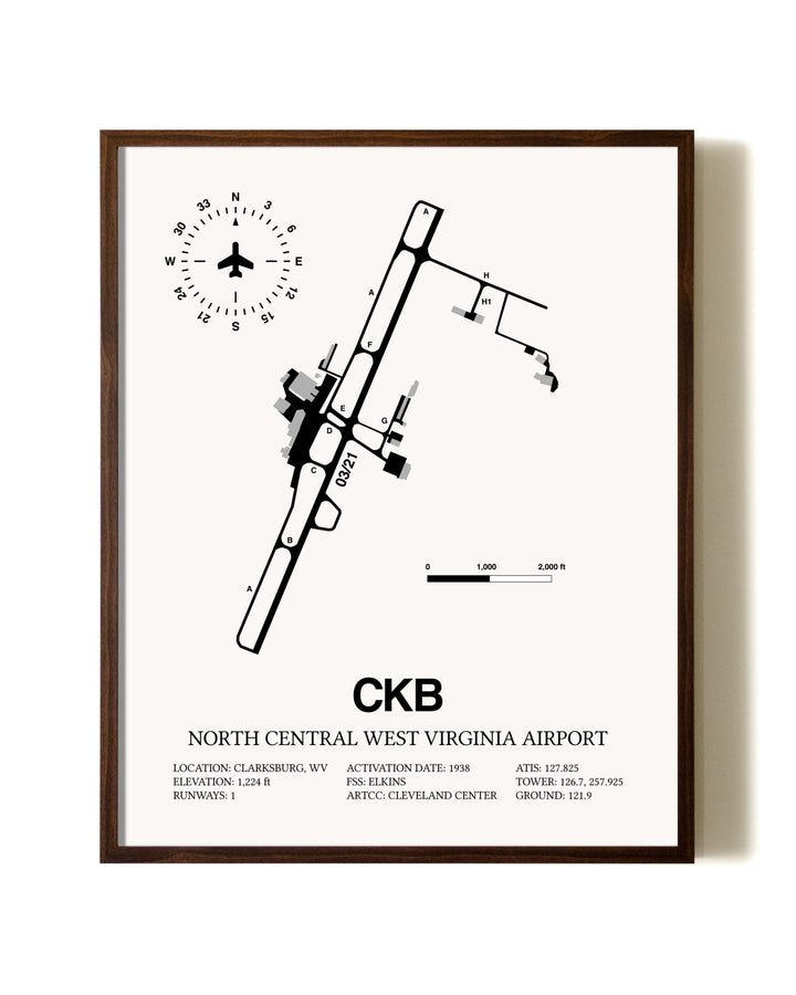North Central West Virginia Airport aviation print in walnut frame