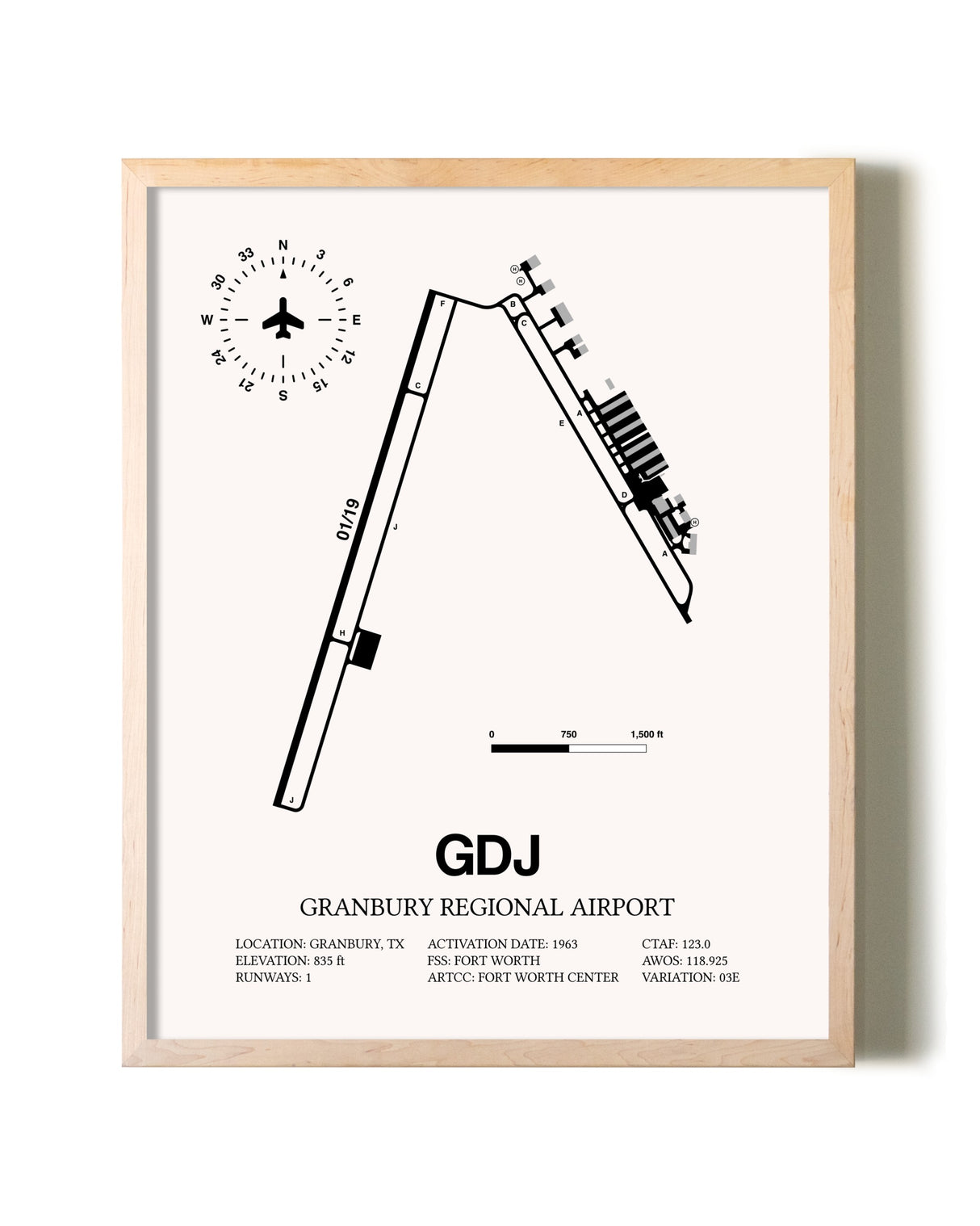 Granbury Regional Airport framed wall art in white frame