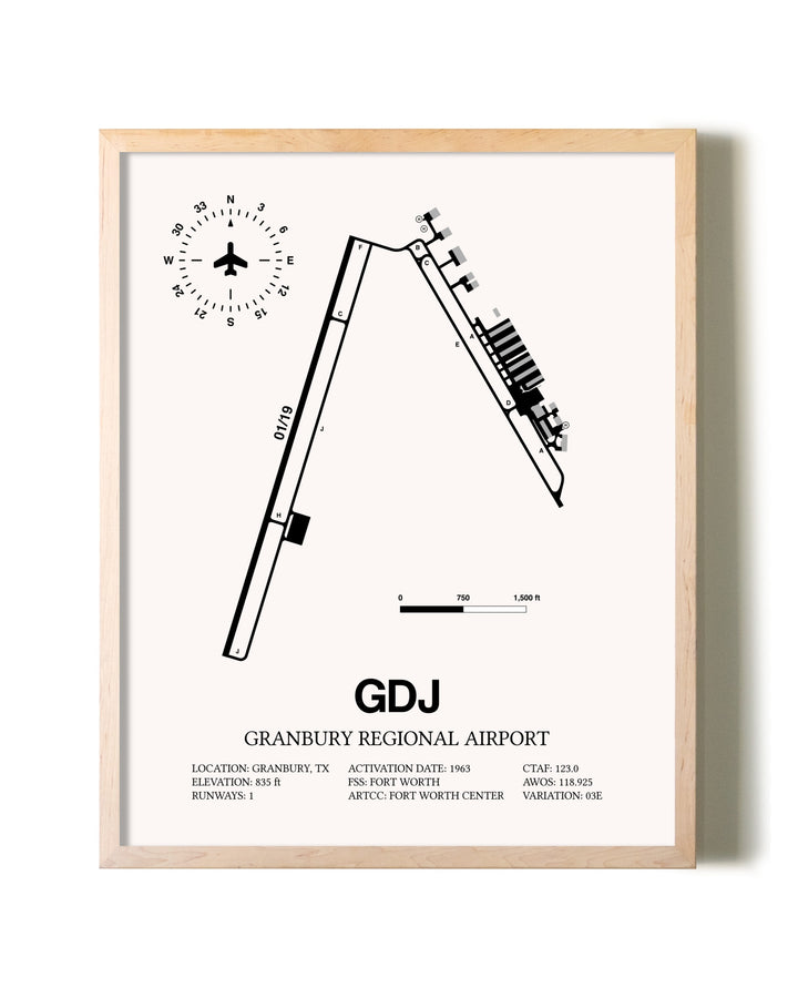 Granbury Regional Airport framed wall art in white frame