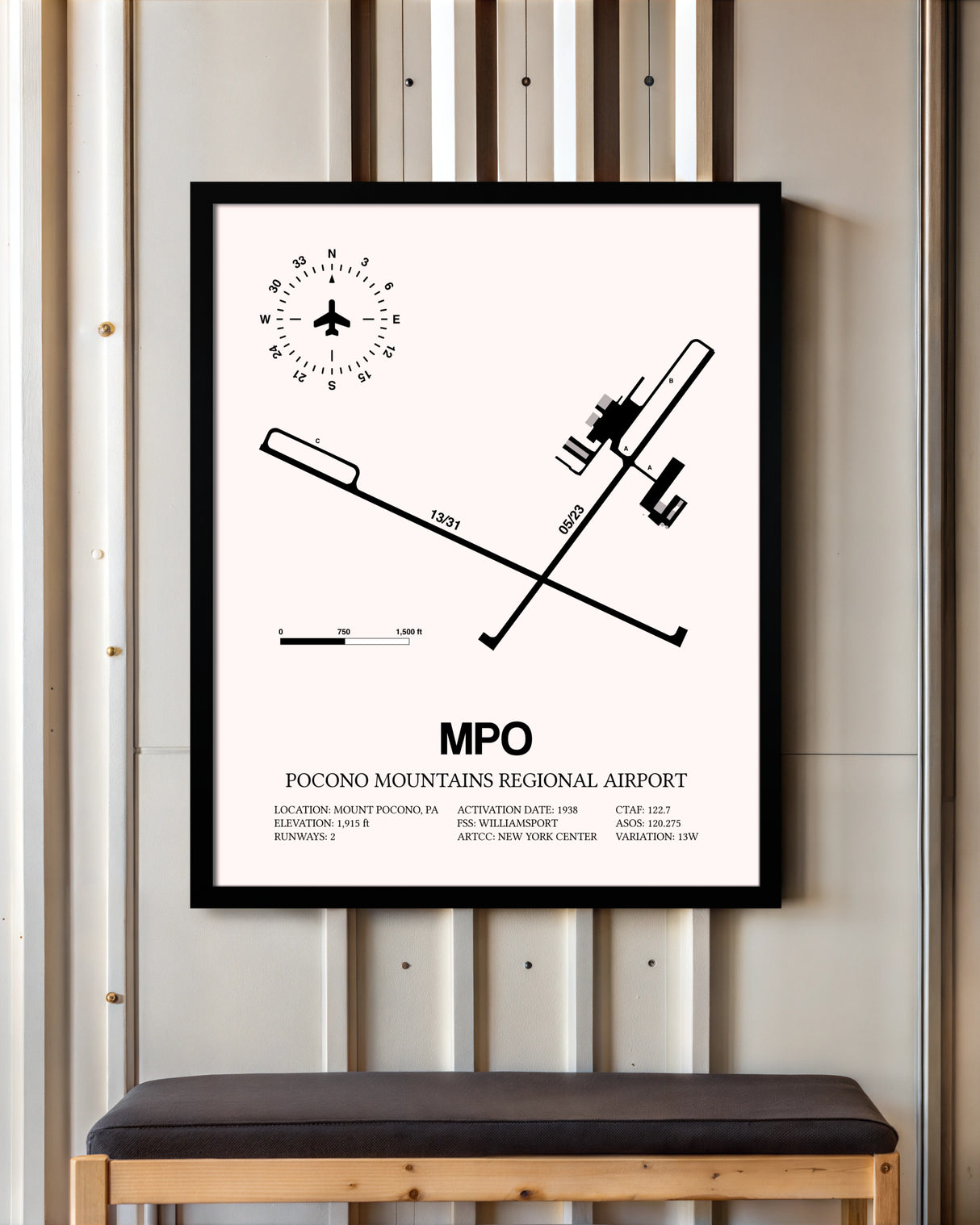 Pocono Mountains Regional Airport framed poster displayed in an airplane hangar