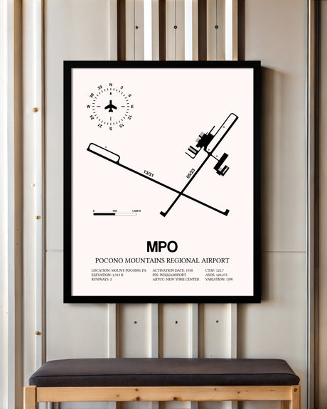 Pocono Mountains Regional Airport framed poster displayed in an airplane hangar