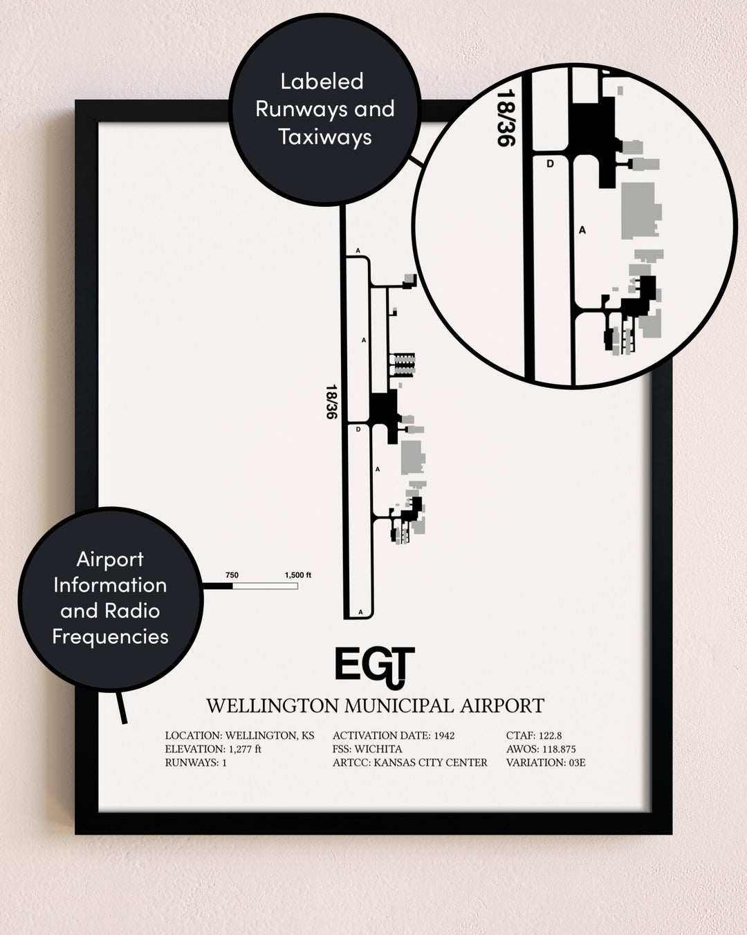 Framed Wellington Municipal Airport layout wall art poster