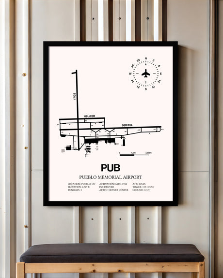 Pueblo Memorial Airport framed poster displayed in an airplane hangar