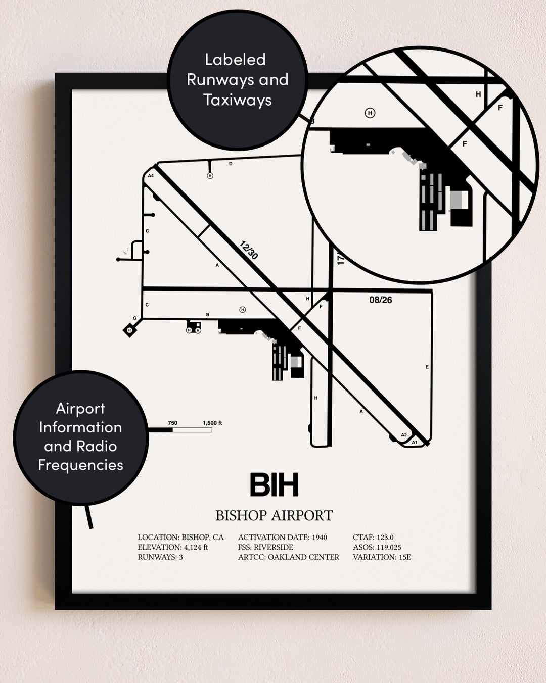 Framed Bishop Airport layout wall art poster