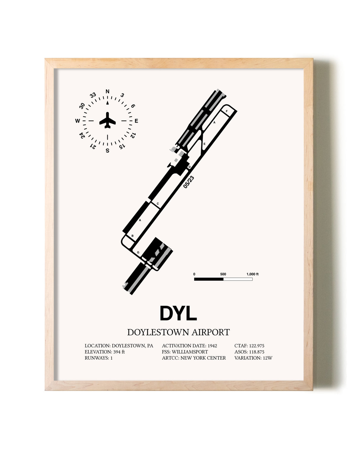 Doylestown Airport framed wall art in white frame