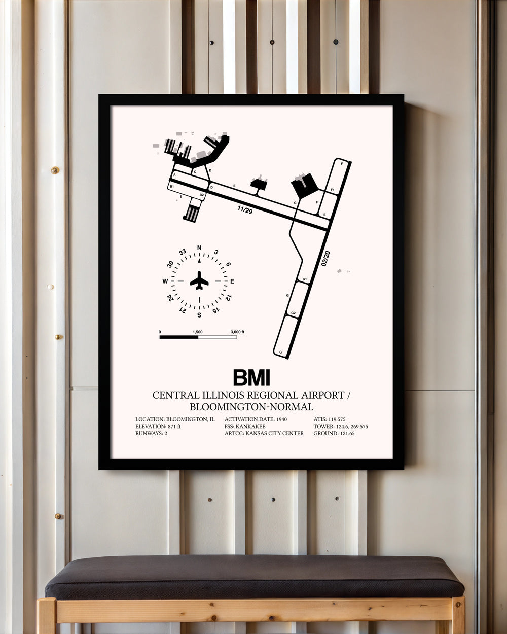 Central Illinois Regional Airport / Bloomington-Normal framed poster displayed in an airplane hangar