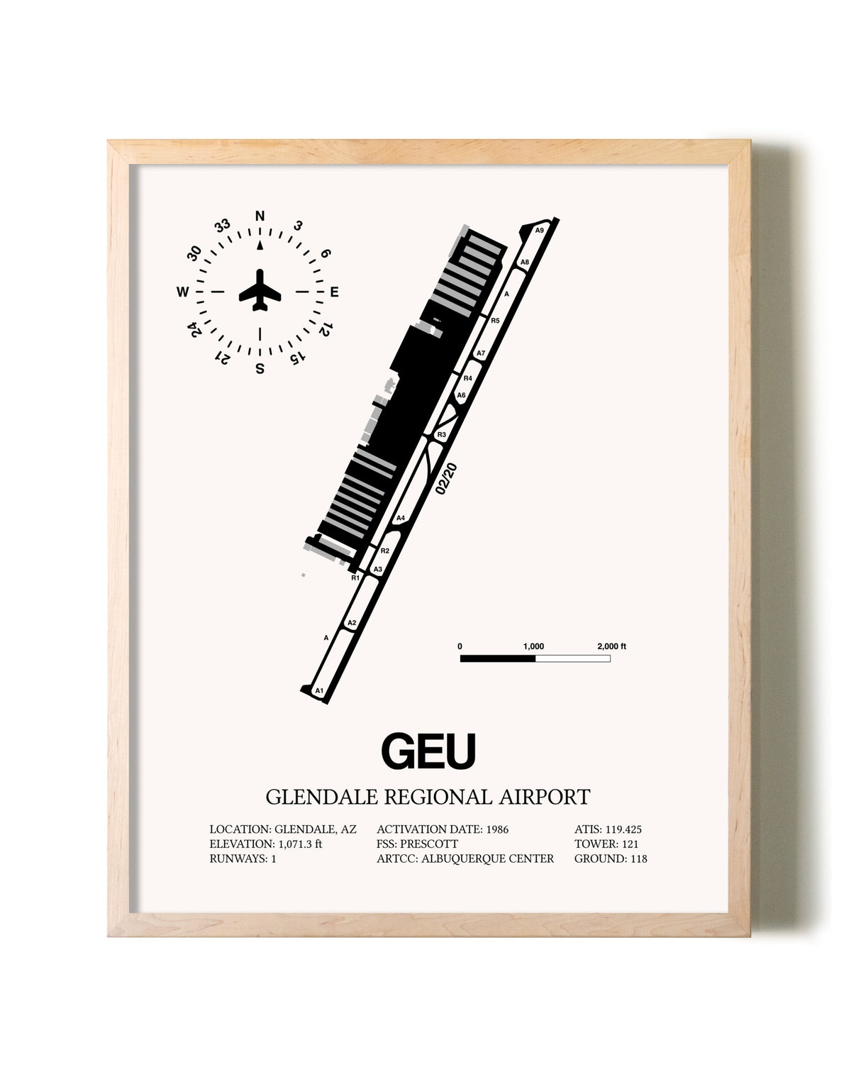 Glendale Regional Airport framed wall art in white frame