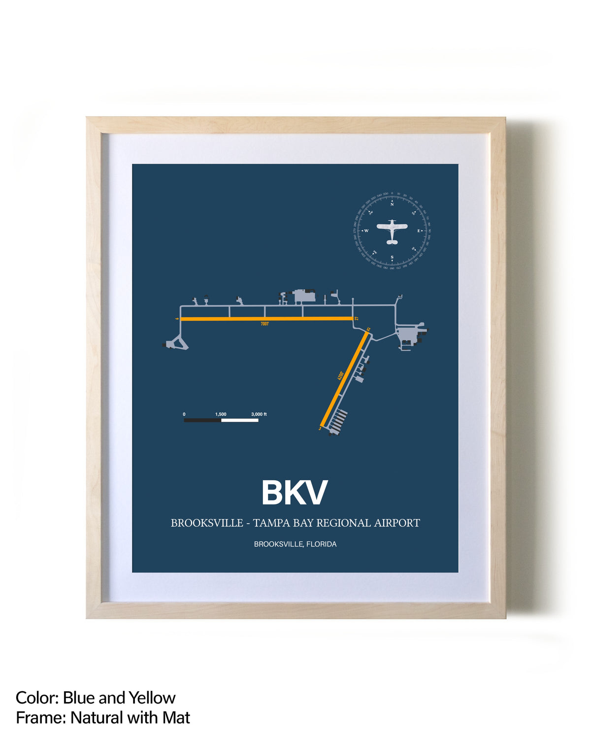 Brooksville-Tampa Bay Regional Airport framed print in natural wood frame with mat