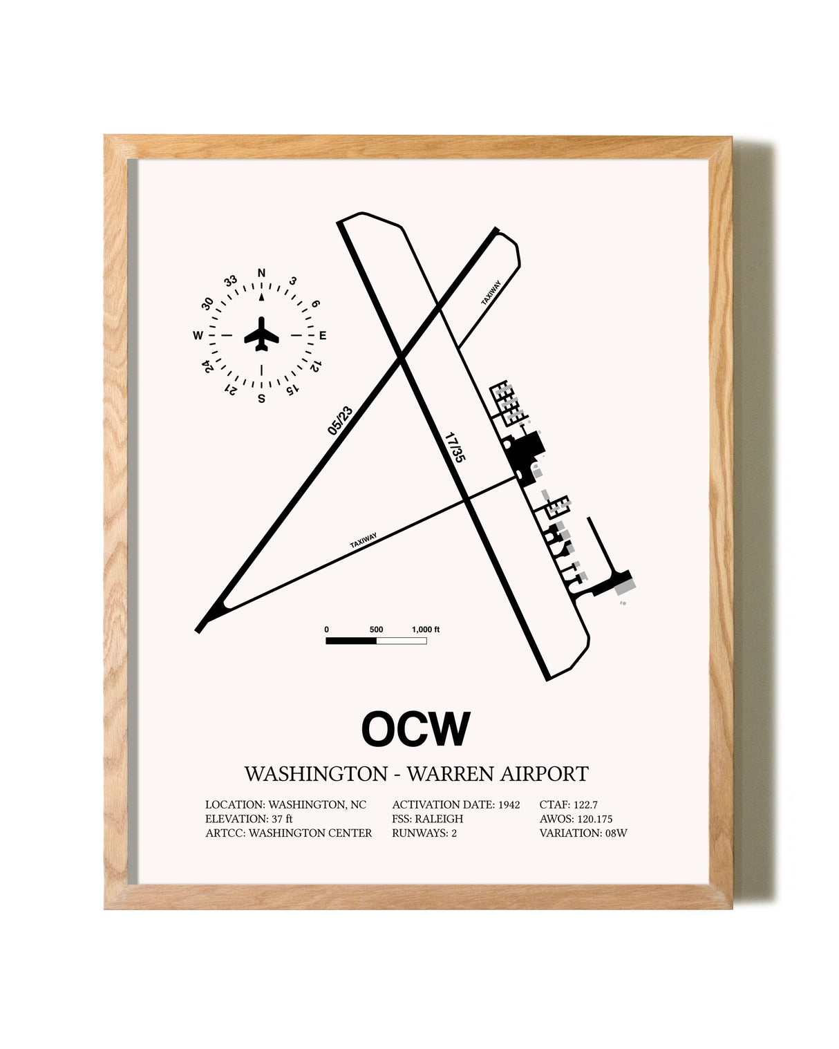 Washington-Warren Airport framed print in natural wood frame