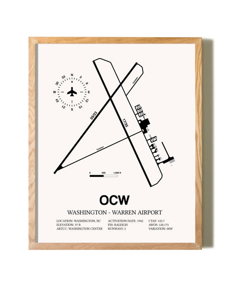 Washington-Warren Airport framed print in natural wood frame