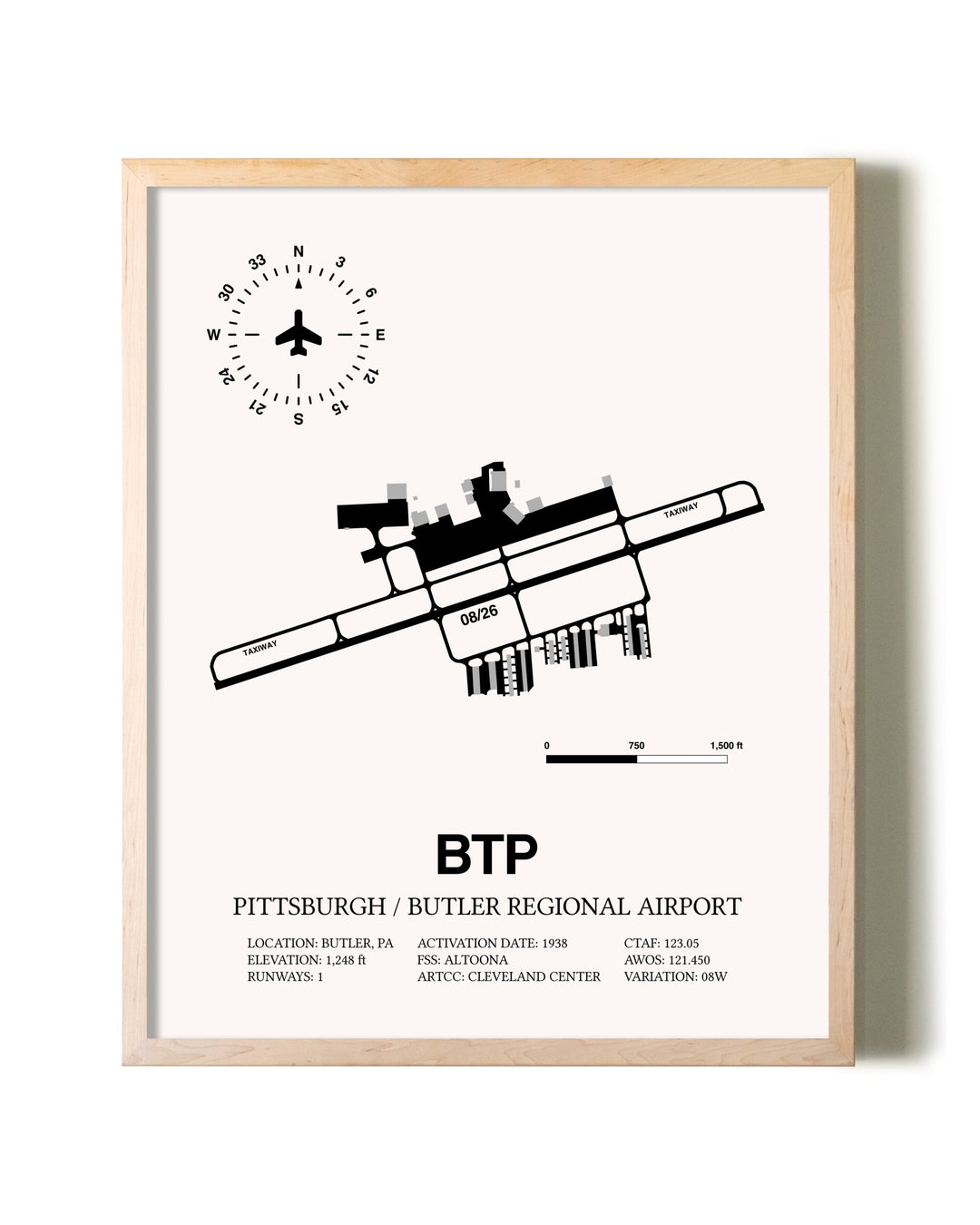 Pittsburgh / Butler Regional Airport framed wall art in white frame