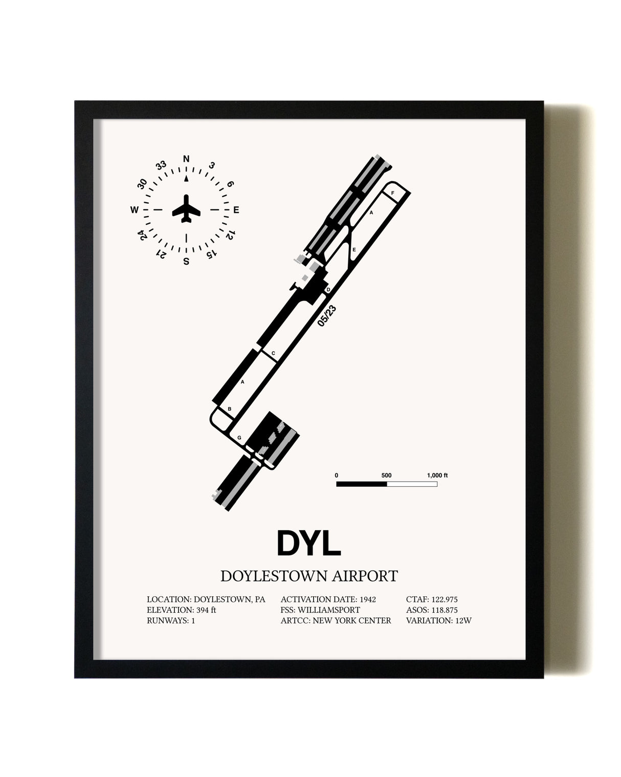 Framed Doylestown Airport wall art poster in black frame