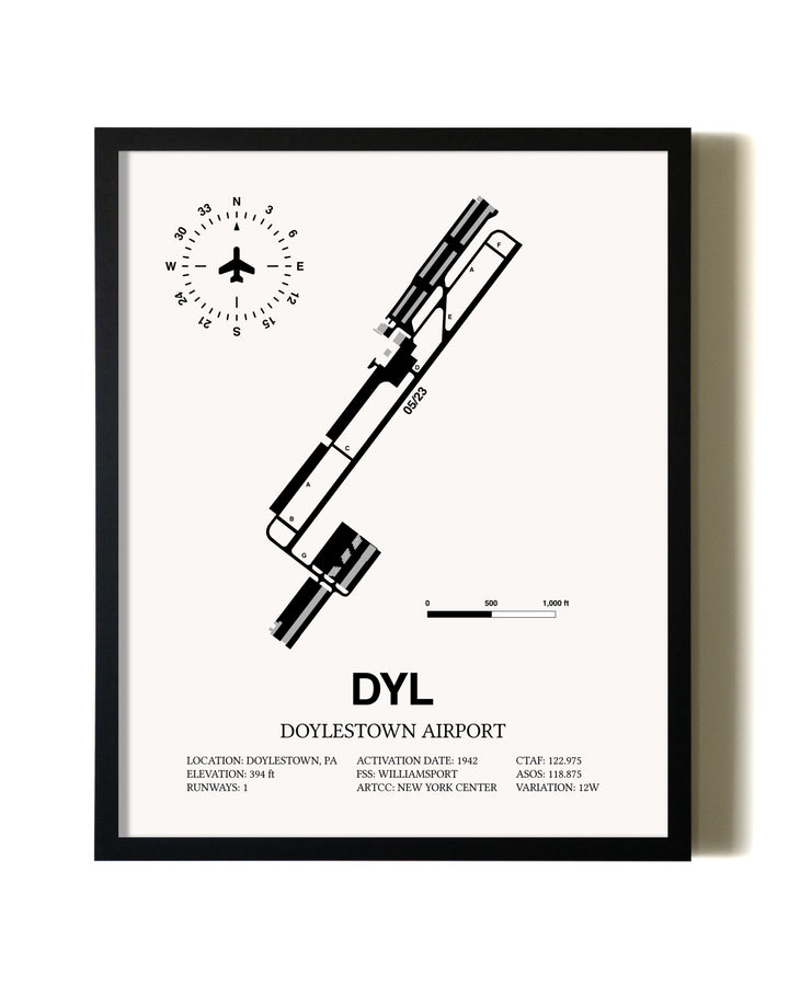 Framed Doylestown Airport wall art poster in black frame