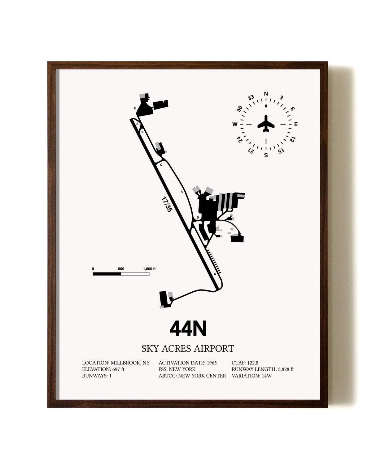 Sky Acres Airport aviation print in walnut frame