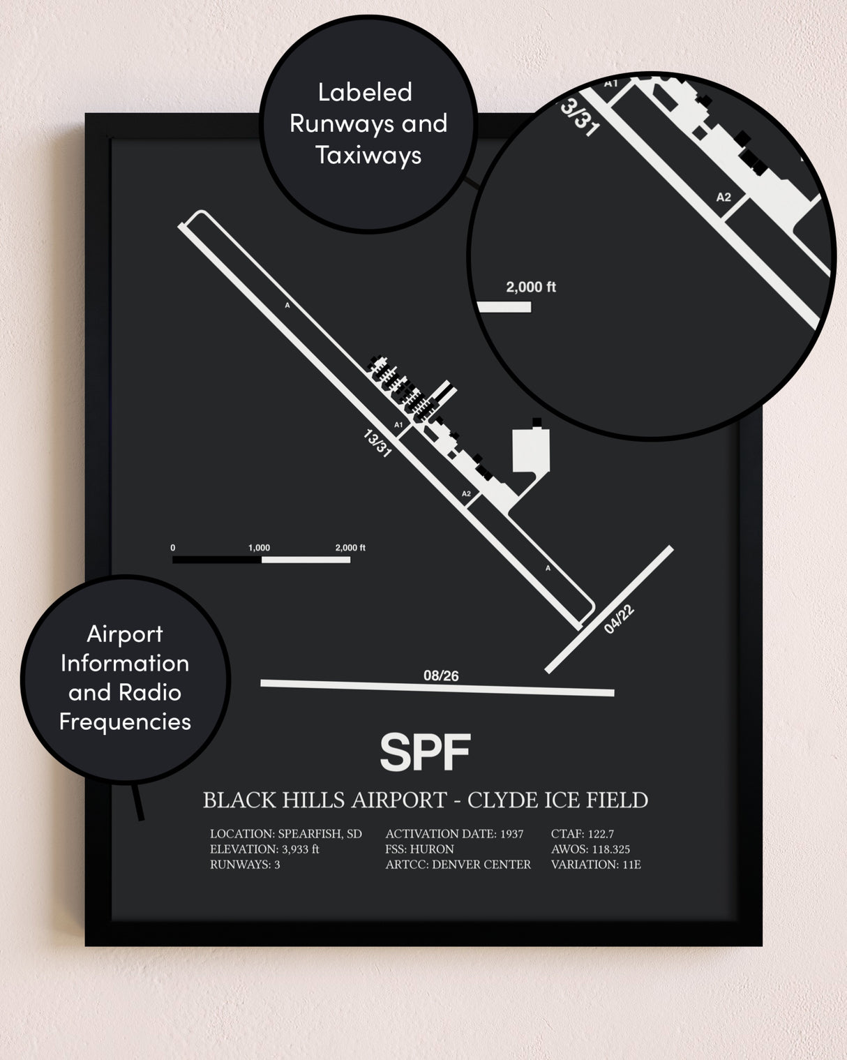 Black Hills Airport-Clyde Ice Field poster size comparison chart