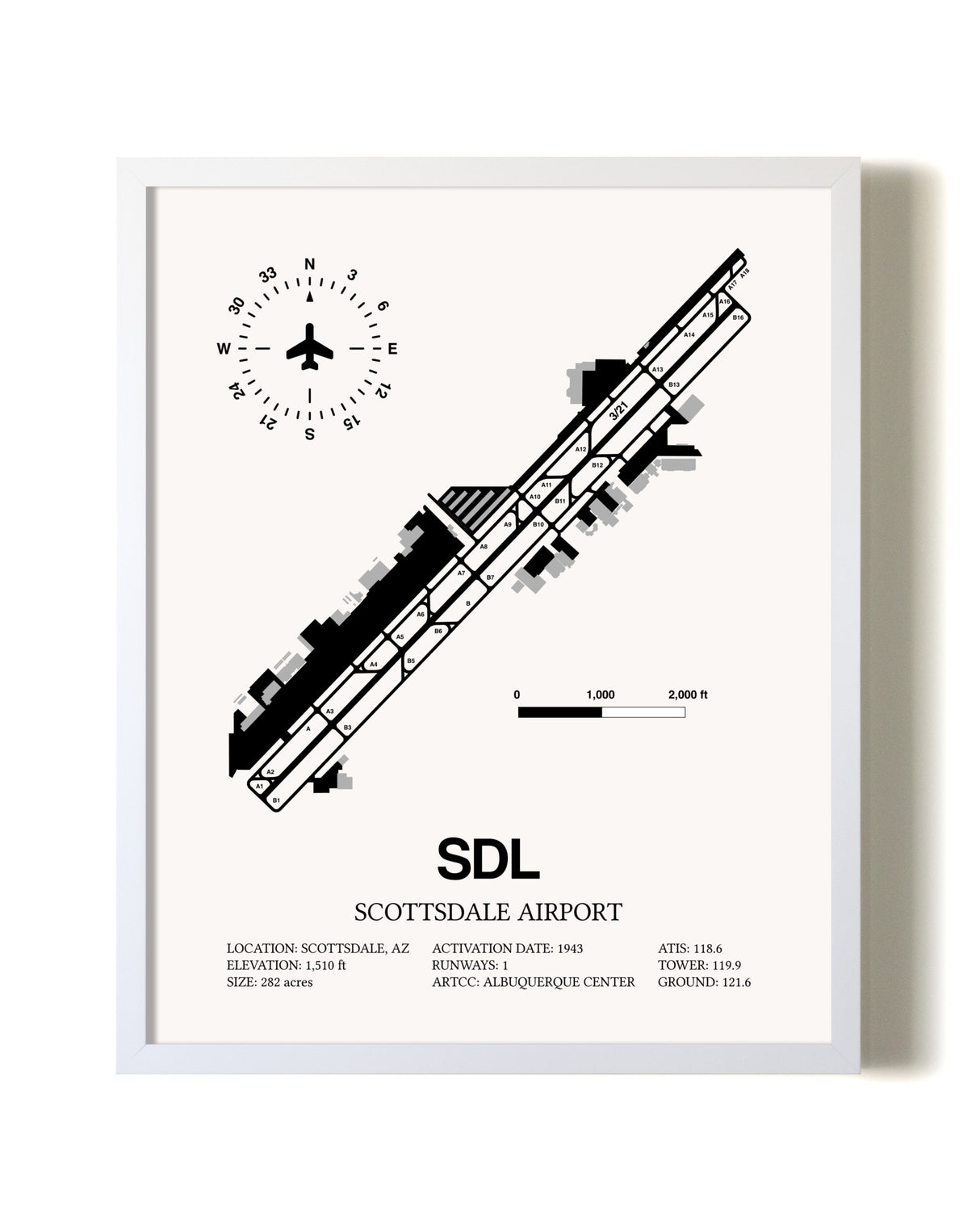 Scottsdale Airport airport map poster in oak frame