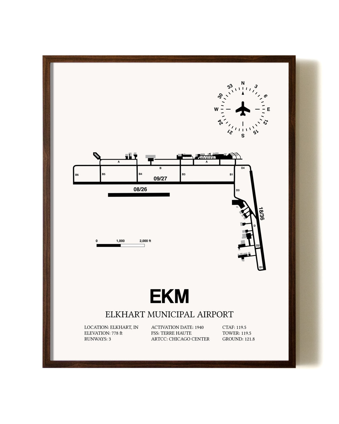 Elkhart Municipal Airport aviation print in walnut frame