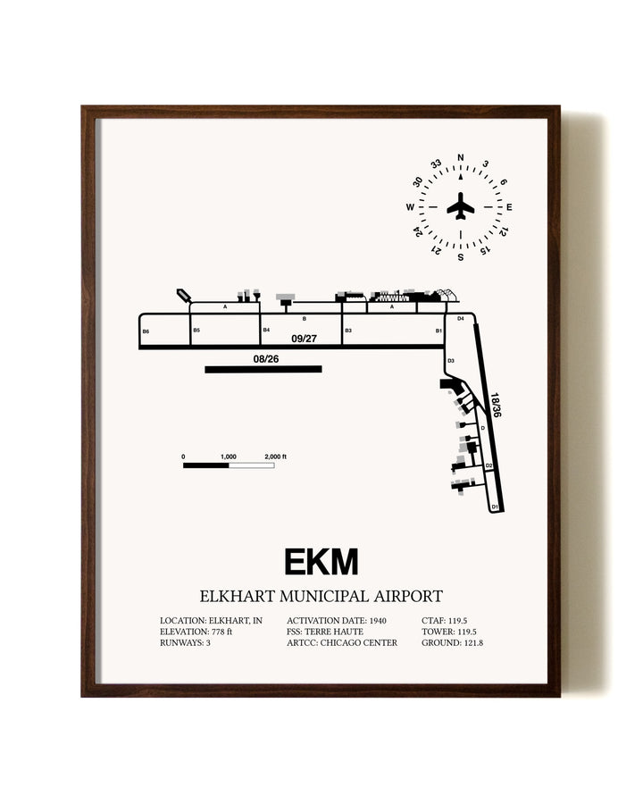 Elkhart Municipal Airport aviation print in walnut frame