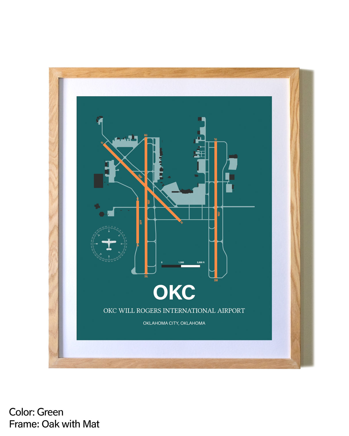 OKC Will Rogers International Airport airport map poster in oak frame with mat