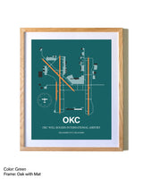 OKC Will Rogers International Airport airport map poster in oak frame with mat