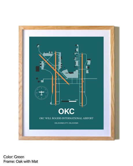 OKC Will Rogers International Airport airport map poster in oak frame with mat