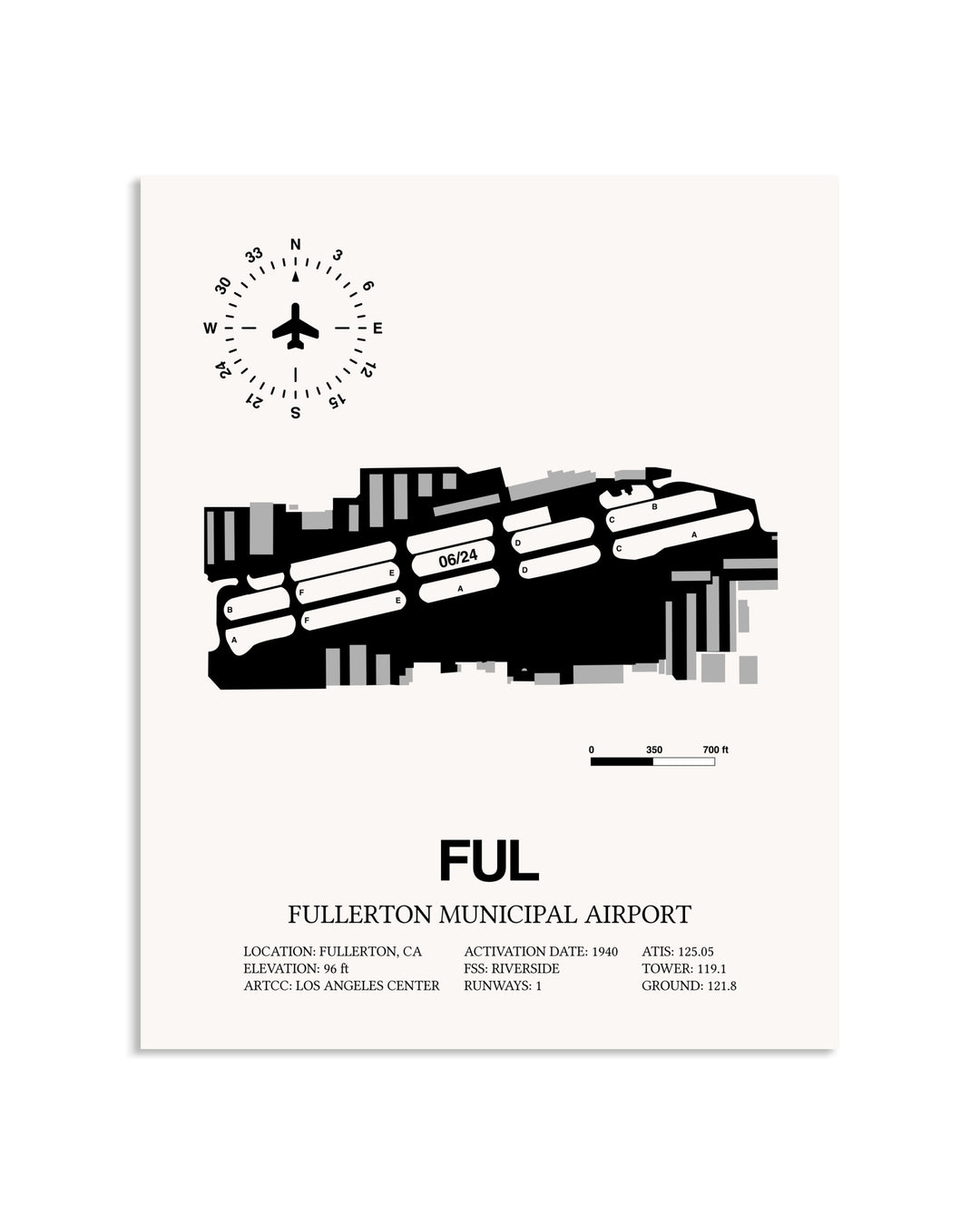 Gray Fullerton Municipal Airport framed poster displayed in an airplane hangar