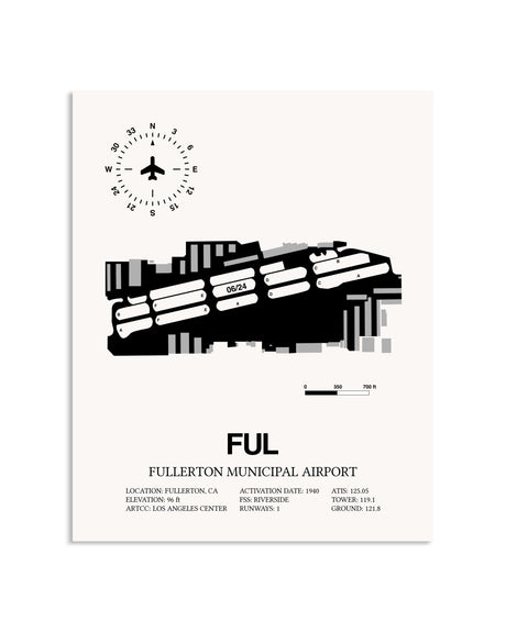 Gray Fullerton Municipal Airport framed poster displayed in an airplane hangar