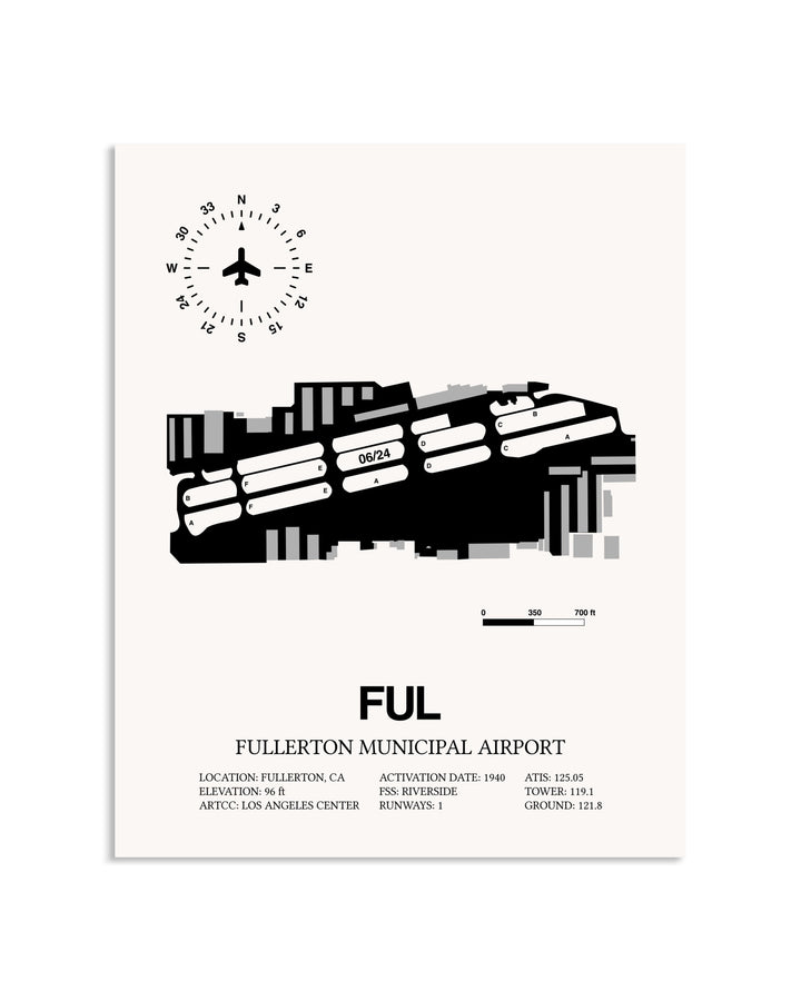 Gray Fullerton Municipal Airport framed poster displayed in an airplane hangar