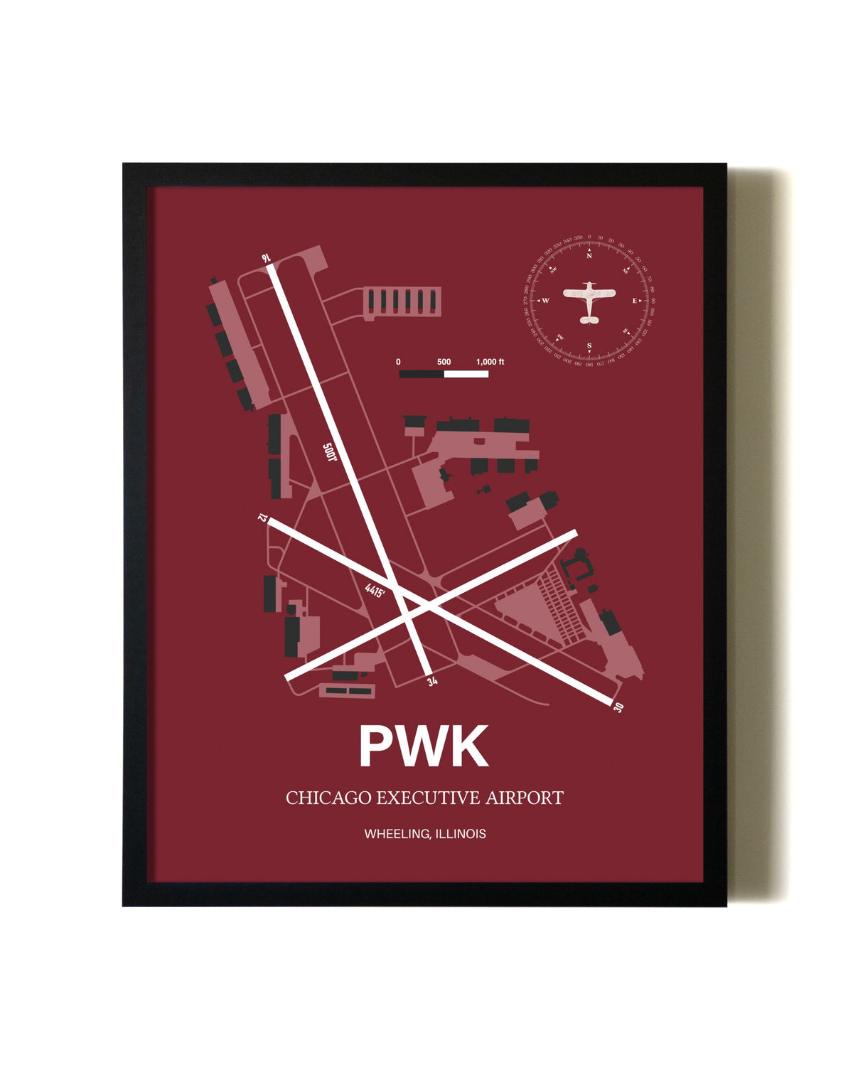 Red Framed Chicago Executive Airport wall art poster in black frame