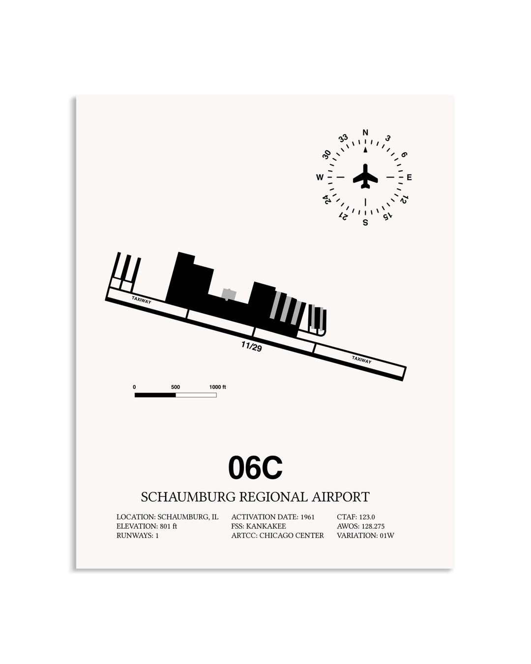 Gray Schaumburg Regional Airport framed poster displayed in an airplane hangar