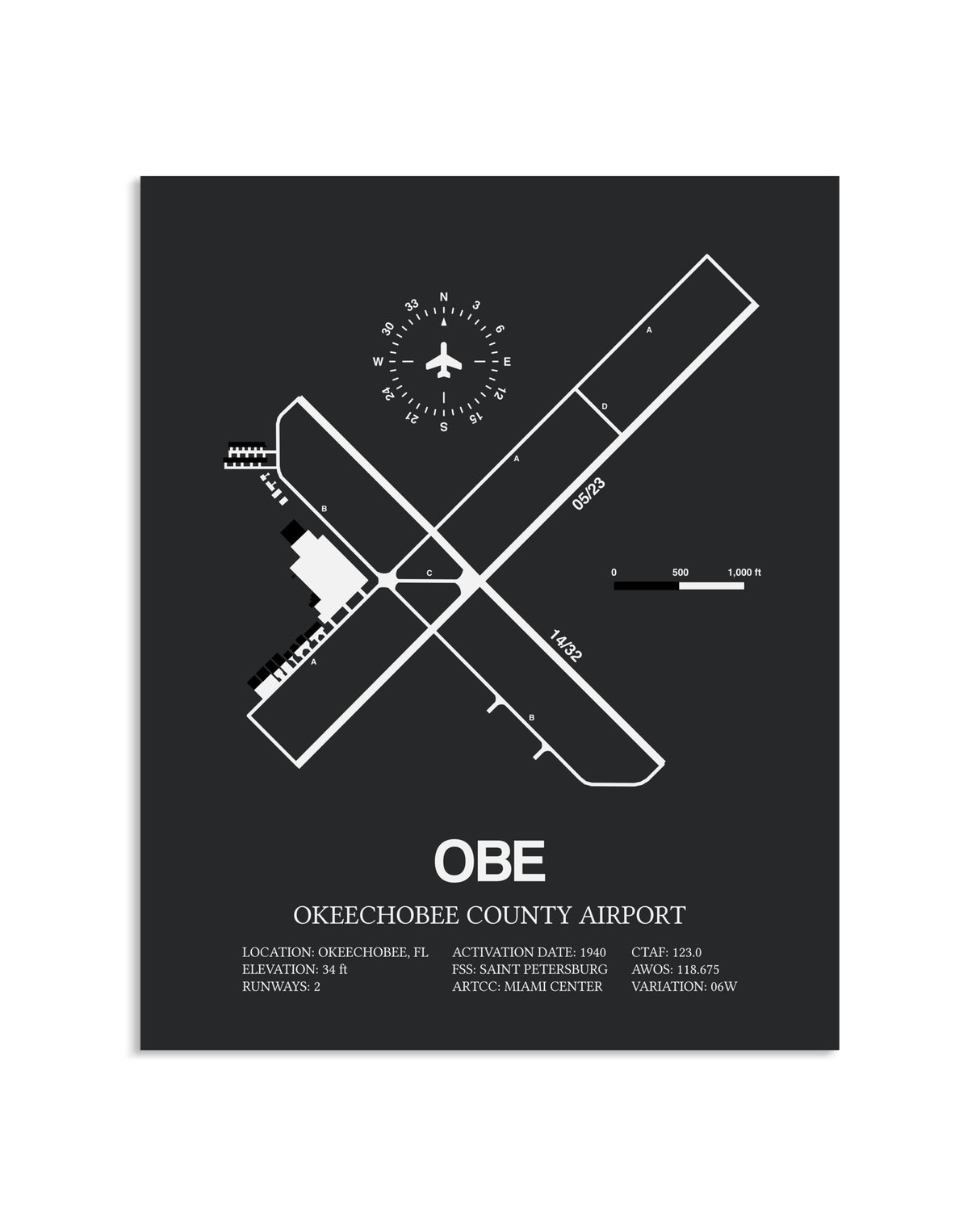 Gray Framed Okeechobee County Airport layout wall art poster