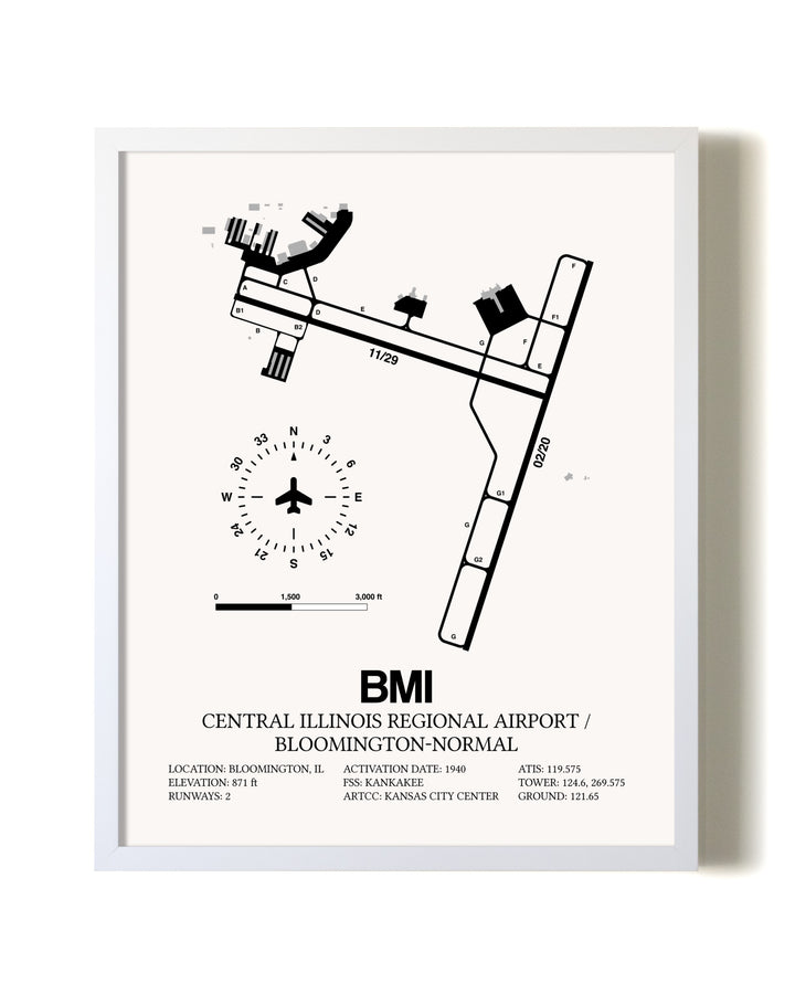 Central Illinois Regional Airport / Bloomington-Normal airport map poster in oak frame
