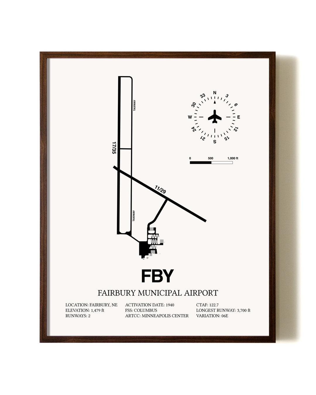 Fairbury Municipal Airport aviation print in walnut frame