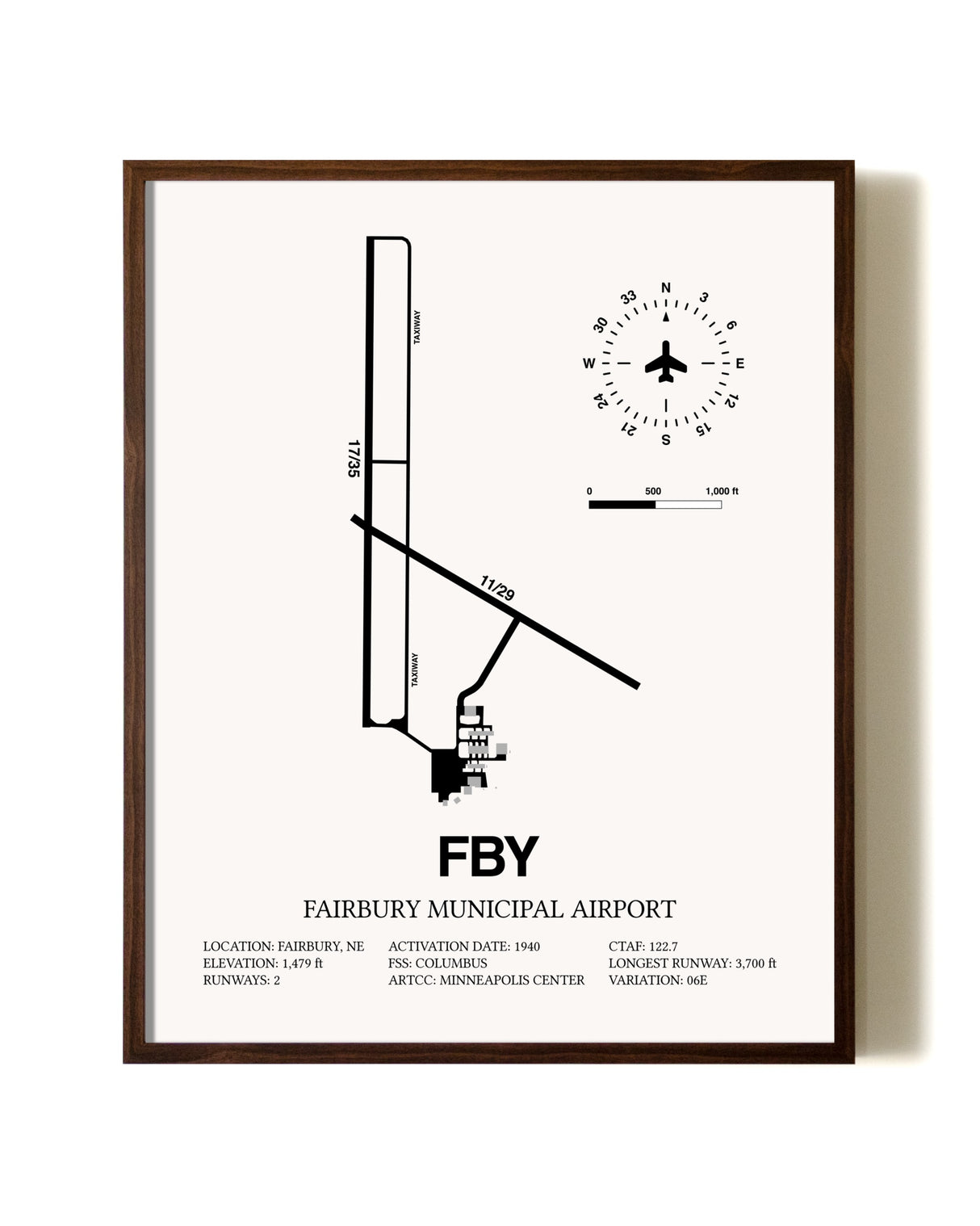 Fairbury Municipal Airport aviation print in walnut frame