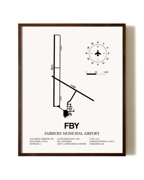 Fairbury Municipal Airport aviation print in walnut frame