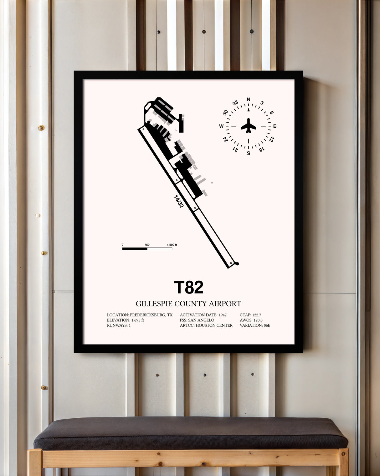 Gillespie County Airport framed poster displayed in an airplane hangar