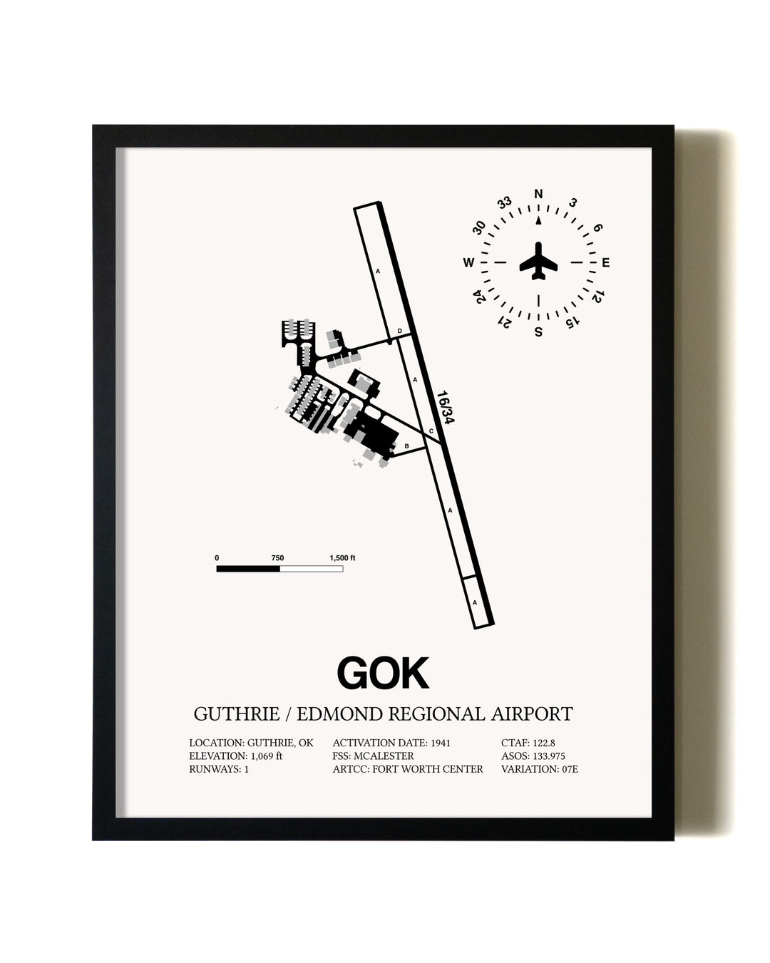 Framed Guthrie / Edmond Regional Airport wall art poster in black frame