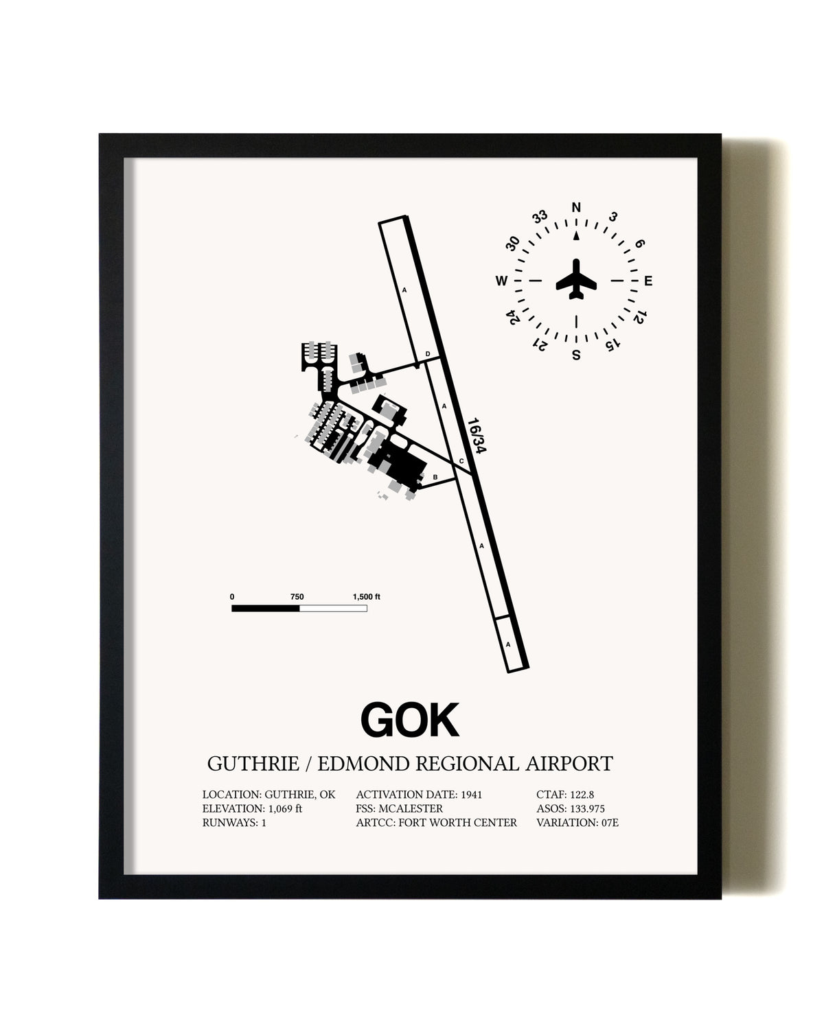 Framed Guthrie / Edmond Regional Airport wall art poster in black frame